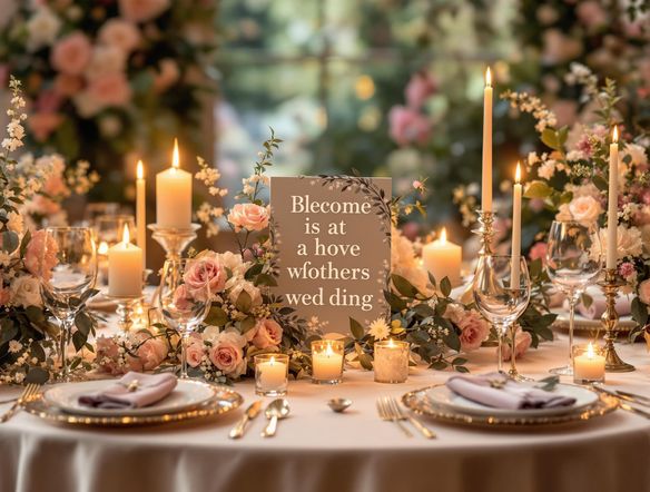 Close-up shot of a wedding table setting featuring a custom-designed quote image as a centerpiece. The quote is elegantly displayed, surrounded by flowers and candles. Soft, warm lighting creates a romantic and intimate atmosphere.