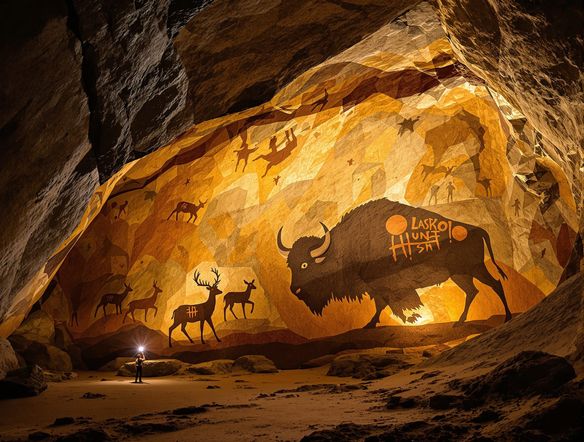 A stunning, large-scale cave painting in a primitive style, depicting a hunt with bison and deer, reminiscent of Lascaux cave paintings AI, rendered on a rough rock wall.