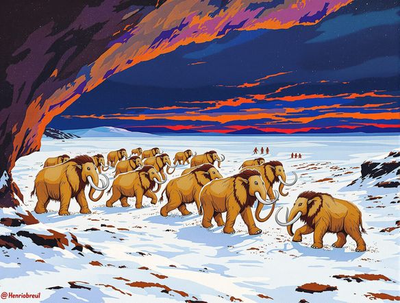A vibrant prehistoric scene generated by AI, showing a herd of woolly mammoths crossing a snowy tundra, with primitive human figures in the distance, in the style of Paleolithic art.