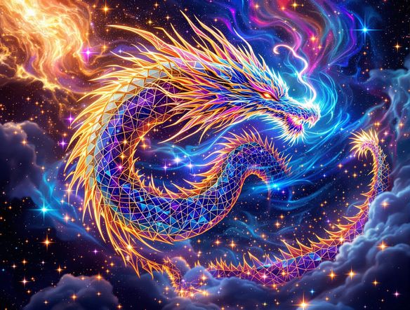 A vibrant, intricate digital tile mosaic art of a celestial dragon, rendered with glowing neon colors, highly detailed geometric patterns, sharp edges, 4K resolution.