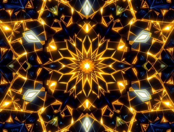 An abstract, kaleidoscopic mosaic pattern with interlocking geometric shapes in shades of deep blue and gold, intricate tessellations, symmetrical design, high-resolution, digital art.