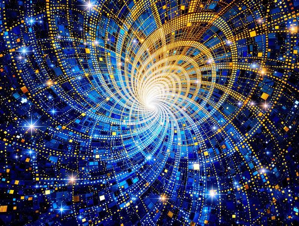 Intricate mosaic art with geometric patterns in vibrant blues and golds, glowing with an inner light, abstract and mesmerizing.