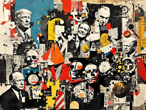 A chaotic yet compelling collage in the style of Berlin Dadaism, featuring cutouts of political figures, newspaper fragments, gears, and abstract shapes, with a distressed, textured background.