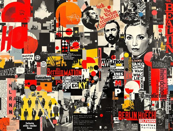 A vibrant Berlin Dadaist collage in the style of Hannah Höch, featuring fragmented images of industry, politics, and figures, with bold typography and a chaotic, yet deliberate, composition. Photomontage art creator.
