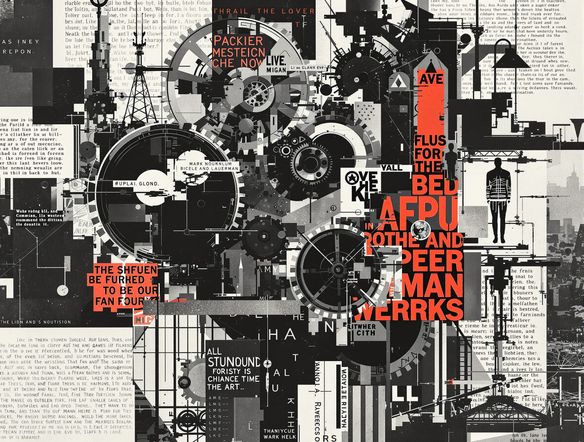 A digital collage embodying German Dadaism, with disjointed mechanical parts, stark black and white elements, provocative text snippets, and a sense of urban decay. AI Dada art, German Dadaism tool.