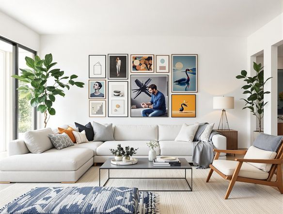 A vibrant and inspiring mood board featuring a modern living room with minimalist furniture, a colorful gallery wall, and natural lighting. Include textures like wood, linen, and metal. Use a bright, airy color palette.