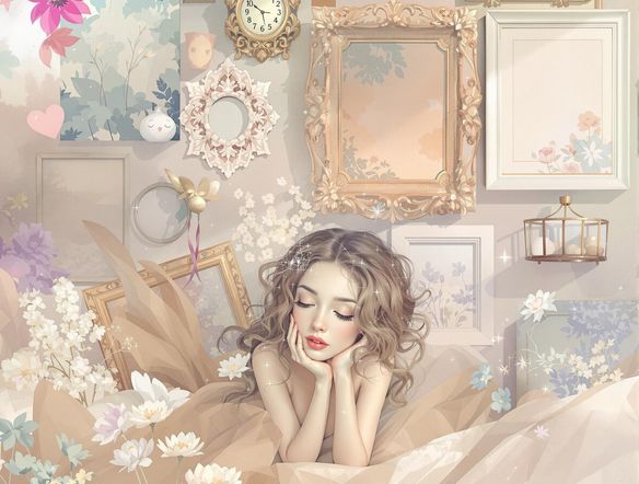 Aesthetic moodboard featuring a curated collection of images, textures, and color swatches, reflecting a dreamy and inspiring atmosphere, with a modern gallery wall template.