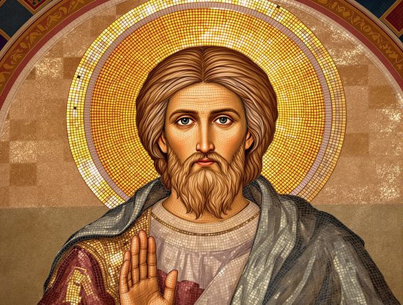 A vibrant Byzantine fresco depicting a saint with golden halo, rendered in the classic mosaic-like style, with rich colors and deep textures, set against an ornate, tiled background.
