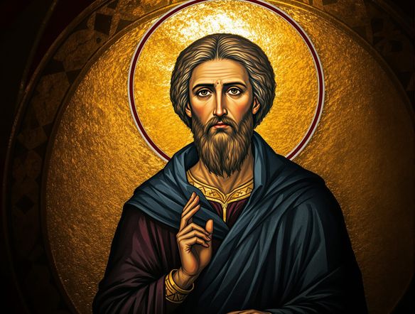 An Orthodox icon painting style depiction of a saint, with a gold background, muted colors, and a serene expression, created by a medieval fresco generator.