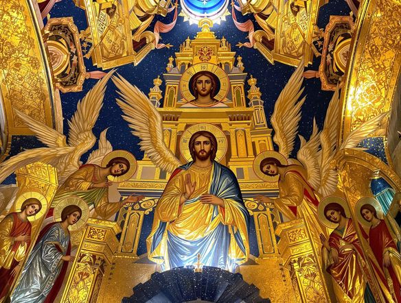 A grand Byzantine style mural depicting a religious scene, with rich gold leaf, deep blues, and iconic figures, generated by a religious art generator AI.