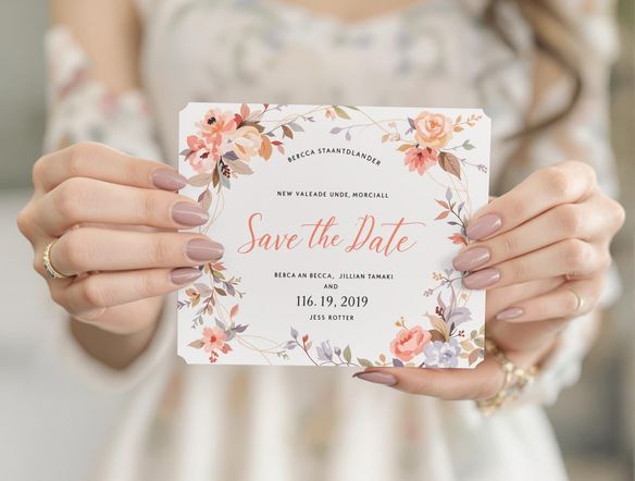 Elegant 'Save the Date' card featuring intertwined floral designs and delicate script typography. Soft pastel color palette. Include the text: 'Save the Date' and a placeholder for names and date.