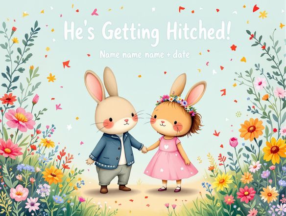 'Save the Date' card featuring a playful illustration of two cartoon characters holding hands. Vibrant, whimsical style. Include the text: 'He's Getting Hitched!' and a placeholder for names and date.