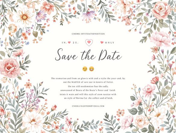 Elegant wedding invitation with floral designs, soft pastel colors, and a prominent 'Save The Date' message, accented with custom-designed emojis.