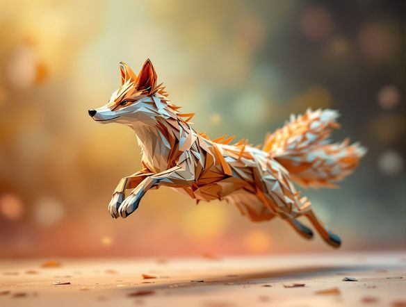 A whimsical papier-mâché sculpture of a fox mid-leap, with visible paper strips and glue texture, against a soft, blurred artistic background.