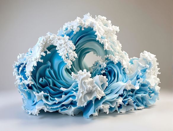 An abstract papier-mâché sculpture resembling swirling waves, made of textured paper pulp, in shades of blue and white, dynamic composition, soft ambient light.