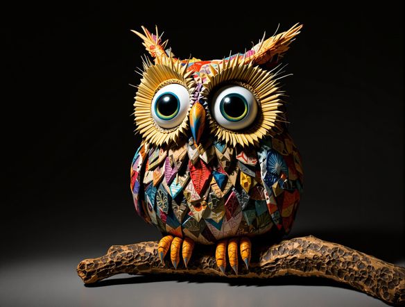 A whimsical papier-mâché owl sculpture with large, expressive eyes, sitting on a branch, intricate textures, vibrant colors, studio lighting, 3D render.