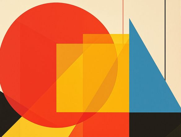 A vibrant Bauhaus style poster, featuring bold geometric shapes like circles, squares, and triangles, in primary colors and black and white, minimalist composition.