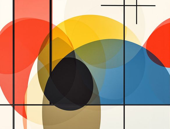 A modernist design generator poster showcasing overlapping geometric shapes, clean lines, and a limited, sophisticated color palette of red, yellow, blue, and black on a white background.