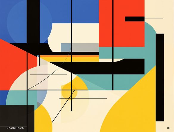 A vibrant Bauhaus-style poster featuring geometric shapes in primary colors, black lines, and sans-serif typography, evoking a sense of order and dynamism.
