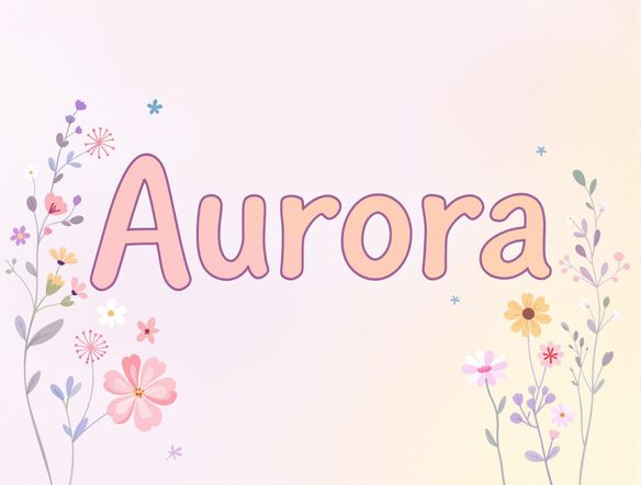 A whimsical name coloring pages generator design featuring the name 'Aurora' in a playful, bubble-letter font. The gradient transitions from pastel purple to soft yellow. Floral elements surround the name. Style: children's illustration, cheerful.