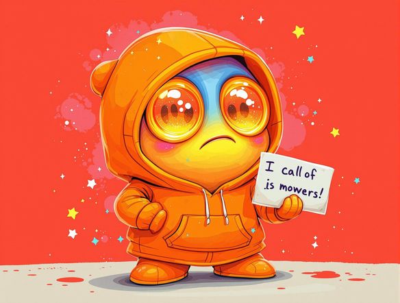 Generate a brightly colored blob character with large, expressive eyes, suitable for a missing person poster. The blob should have a slightly worried expression and be holding a small sign.