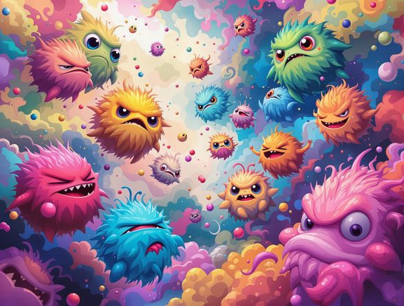 A collection of colorful, amorphous blob creatures, each with unique features and expressions, floating in a vibrant, abstract background.
