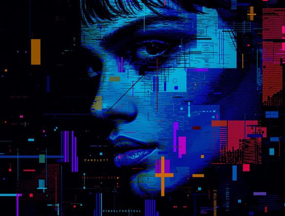 A close-up portrait rendered in broken pixel art style, featuring prominent pixel sorting effects, chaotic color blocks, digital noise, and a dark, atmospheric background.