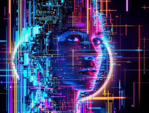 A digital portrait dissolving into colorful pixelated glitch effects, vibrant neon lines, abstract geometric shapes, dark background, futuristic aesthetic.