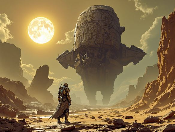 A lone warrior standing on a desolate alien planet, looking at a colossal, ancient spacecraft. Futuristic concept art AI, sci-fi, atmospheric, detailed textures, dramatic shadows, fantasy concept illustration maker.