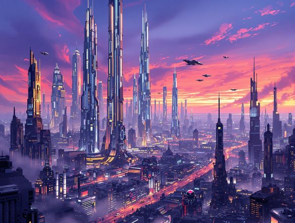 A futuristic cityscape concept art with flying vehicles and towering skyscrapers, rendered in a vibrant, painterly style with dramatic lighting.