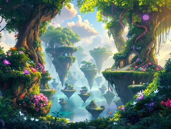 A vibrant fantasy landscape with floating islands and glowing flora, digital concept art, highly detailed, cinematic lighting, inspired by Studio Ghibli, best concept illustration generator.
