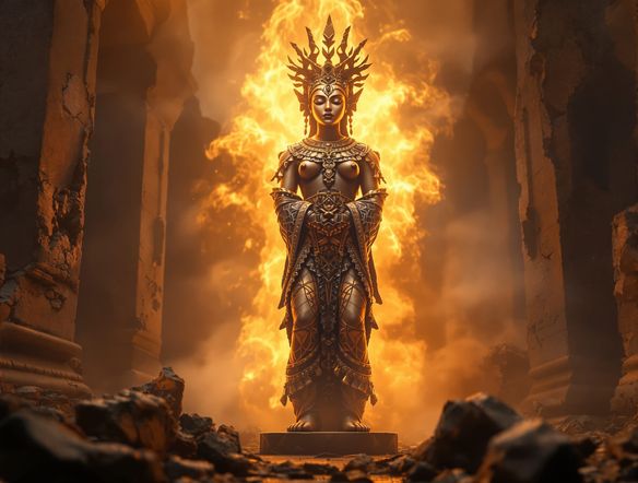 Intricate African bronze sculpture with traditional patterns, glowing with a warm, ethereal light, set against a backdrop of ancient ruins.