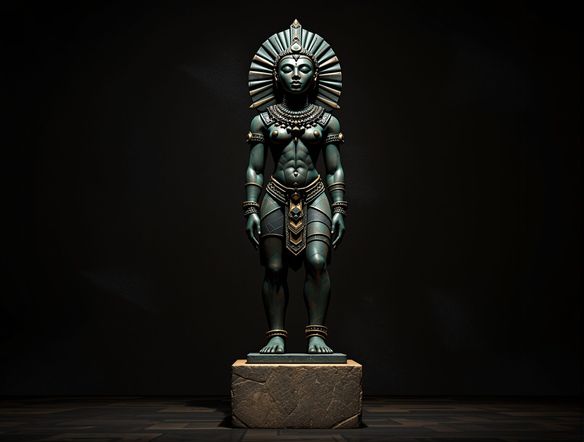 A majestic, full-body view of a traditional African bronze sculpture, inspired by West African metalwork, standing proudly on a pedestal. Digital art, rich patina, detailed craftsmanship.