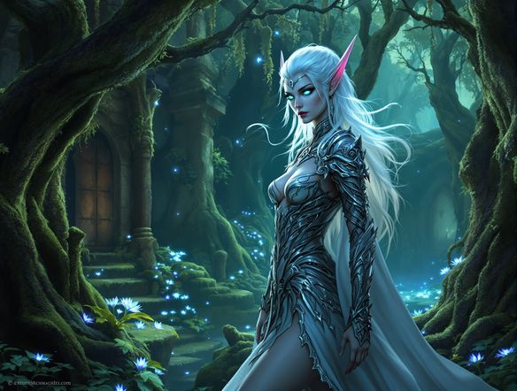 A majestic high elf sorceress with glowing eyes, intricate silver armor, and flowing white hair, standing in an ancient, mystical forest. Fantasy art.