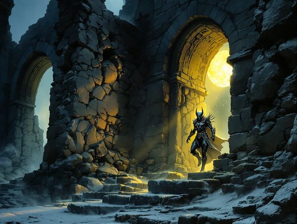 A striking dark elf rogue, clad in shadow-like leather armor, emerging from a moonlit, ancient ruin. Intricate details, atmospheric lighting, fantasy illustration.