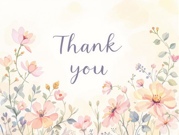 Generate an animated mockup of a thank you card with a watercolor floral design. The flowers should gently sway in the breeze, and the text should subtly fade in and out, creating a calming, appreciative atmosphere.
