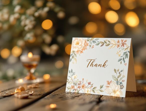 Elegant thank you card design featuring delicate floral elements and warm lighting, presented on a wooden table with soft bokeh in the background.