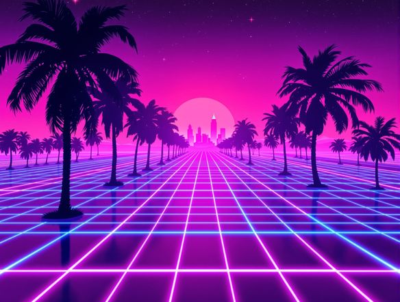 A neon-lit cityscape with palm trees, a grid pattern fading into the distance, 80s retro-futuristic vibe, vibrant pink and cyan colors, vaporwave aesthetic.