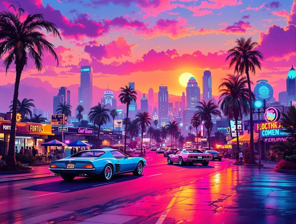 A vibrant cityscape at sunset, bathed in neon pink and cyan light, with classic 80s sports cars and palm trees, embodying a retro aesthetic AI.