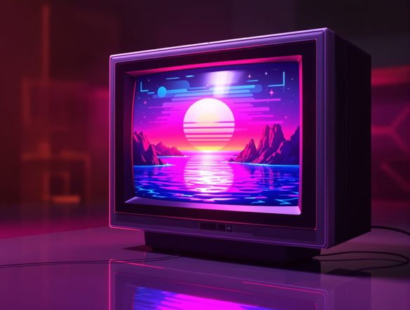 A retro CRT monitor displaying a glitchy sunset over a chrome ocean, geometric shapes, 80s aesthetic, lo-fi digital art, synthwave color palette, pixel art elements.