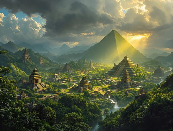 A breathtaking vista of a sprawling ancient city, half-swallowed by jungle, with majestic temples and pyramids under a dramatic sky. Cinematic lighting, epic scale.