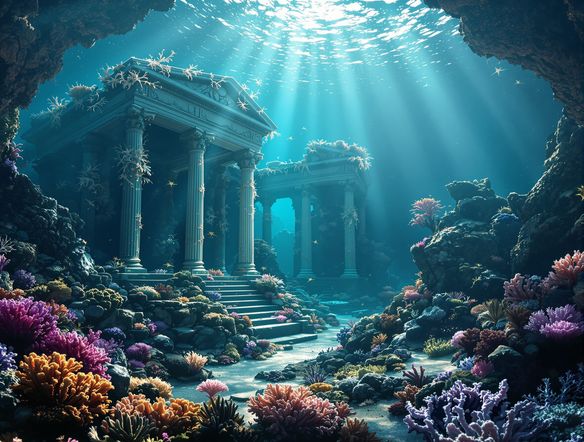 An ethereal underwater scene featuring a detailed Greco-Roman temple ruin, encrusted with coral and illuminated by shafts of sunlight filtering through the water.