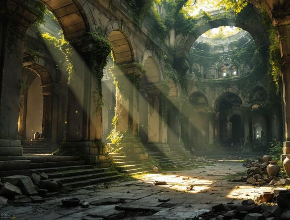 Sunlight streams through crumbling archways of an overgrown, ancient temple, highlighting moss-covered statues and scattered pottery shards. An abandoned city art style.