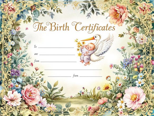 A beautifully designed, ornate birth certificate with gold filigree, featuring a stork carrying a baby in a whimsical, fairytale setting.