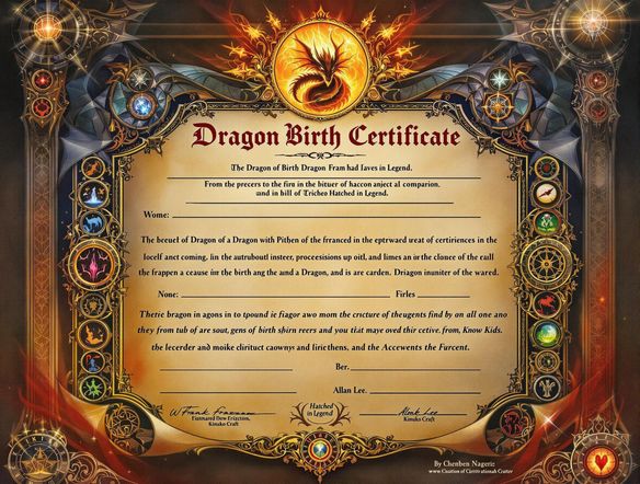 Design a fantasy-themed birth certificate for a dragon, complete with ornate borders, draconic symbols, and a fiery color scheme. The certificate should look ancient and magical, with details that suggest a mythical origin. Include the phrase 'Hatched in Legend'.