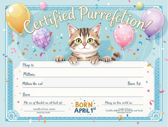 A birth certificate meme for a cat named Mittens, born on April Fool's Day. The certificate should be highly stylized and humorous, suitable for sharing on social media. Use bright colors and playful fonts. Include the phrase 'Certified Purrfection'.