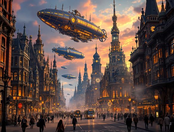 A bustling steampunk city street scene at dusk, with airships powered by clockwork mechanisms floating above ornate Victorian architecture. The overall aesthetic is a vibrant retrofuturism AI image with a distinct clockwork style.