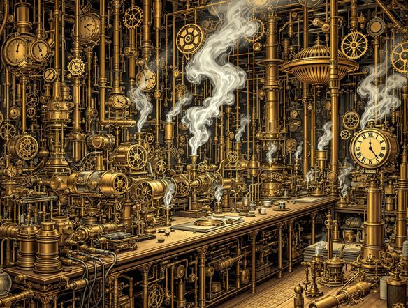 A detailed illustration of a Victorian-era inventor's workshop, filled with brass gears, copper pipes, and complex clockwork mechanisms. Steam gently rises from various devices. The style should be reminiscent of intricate Victorian sci-fi art.