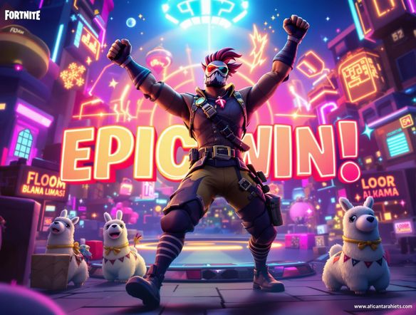 A vibrant Fortnite thumbnail featuring a popular character performing a victory emote. Include a contrasting background with elements from the latest season. Add bold, stylized text: "EPIC WIN!"
