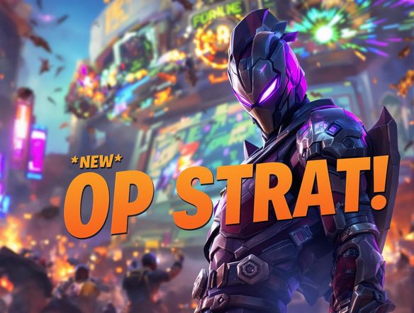A hyper-realistic Fortnite character, intensely focused, set against a dynamic background of a loot drop event. Vivid colors, dramatic lighting, and a sense of urgent action. Add text: "*NEW* OP STRAT!"